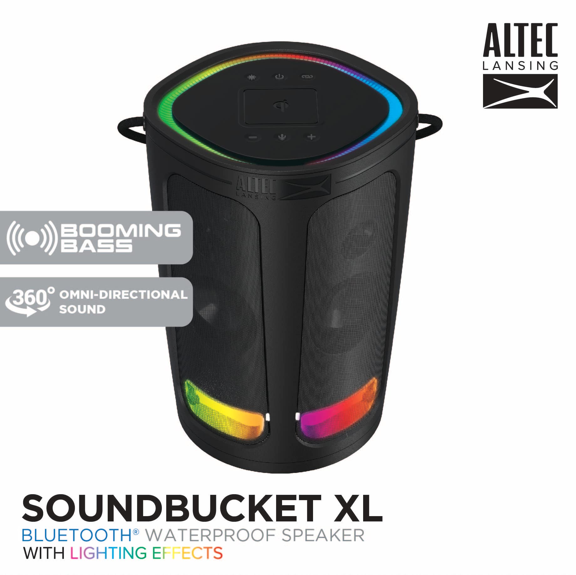 Altec Lansing Soundbucket XL - Waterproof Bluetooth Speaker with Customizable LED Lights, Qi Wireless Charging, 20 Hours Playtime & 100 Foot Range
