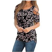 2021 Womens Summer Cold Shoulder Tops Trendy Fashion Floral Casual Tunic Top Ladies Sexy Loose Fit Tshirt Blouses B Coffee XX Large