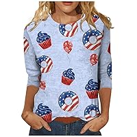 Summer Tops for Women-American Flag T Shirt- 4th of July Shirt- 2024 Spring Casual Printed 3/4 Sleeve Tunic Tops