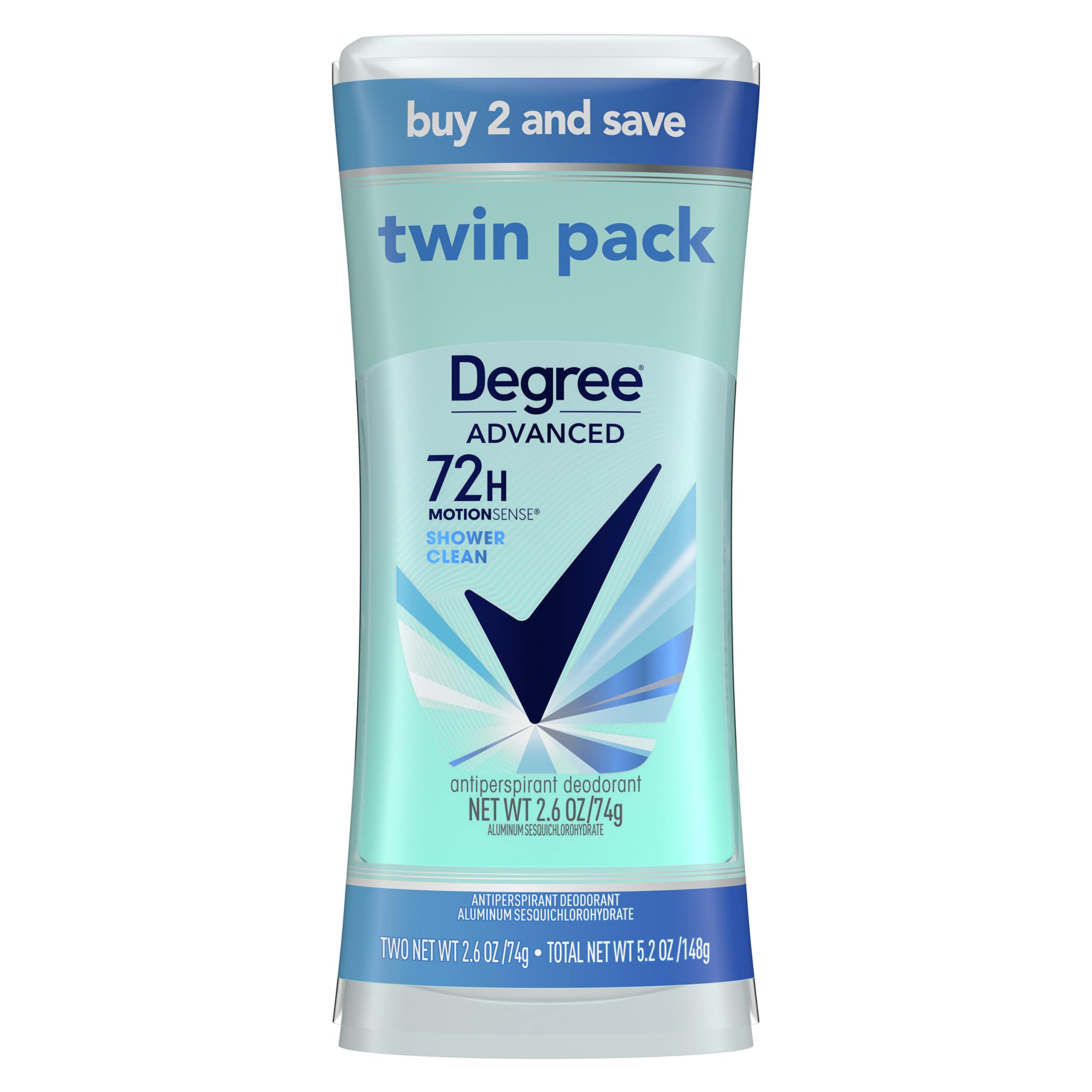 Degree Advanced Antiperspirant Deodorant 72-Hour Sweat & Odor Protection Shower Clean Antiperspirant for Women with MotionSense Technology 2.6 oz Twin Pack