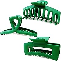 Solid Green Large Hair Claw Clips for Thick/Fine/Thin Hair,Strong holding teeth interlocking Women Jaw Clips for Hair 3 Count In set green hair clips for patrick's day (Green)