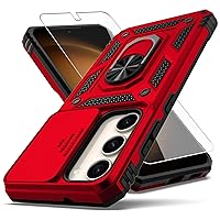 for Samsung Galaxy S23 Case,with Camera Lens Cover HD Screen Protector,[Military Grade] Ring Car Mount Kickstand Hybrid Hard PC Soft TPU Shockproof Protective Case for Galaxy S23, Red