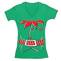 Women's Elf Shirt Poinsettia Holly Belt Ugly Christmas V-Neck Short Sleeve T-Shirt