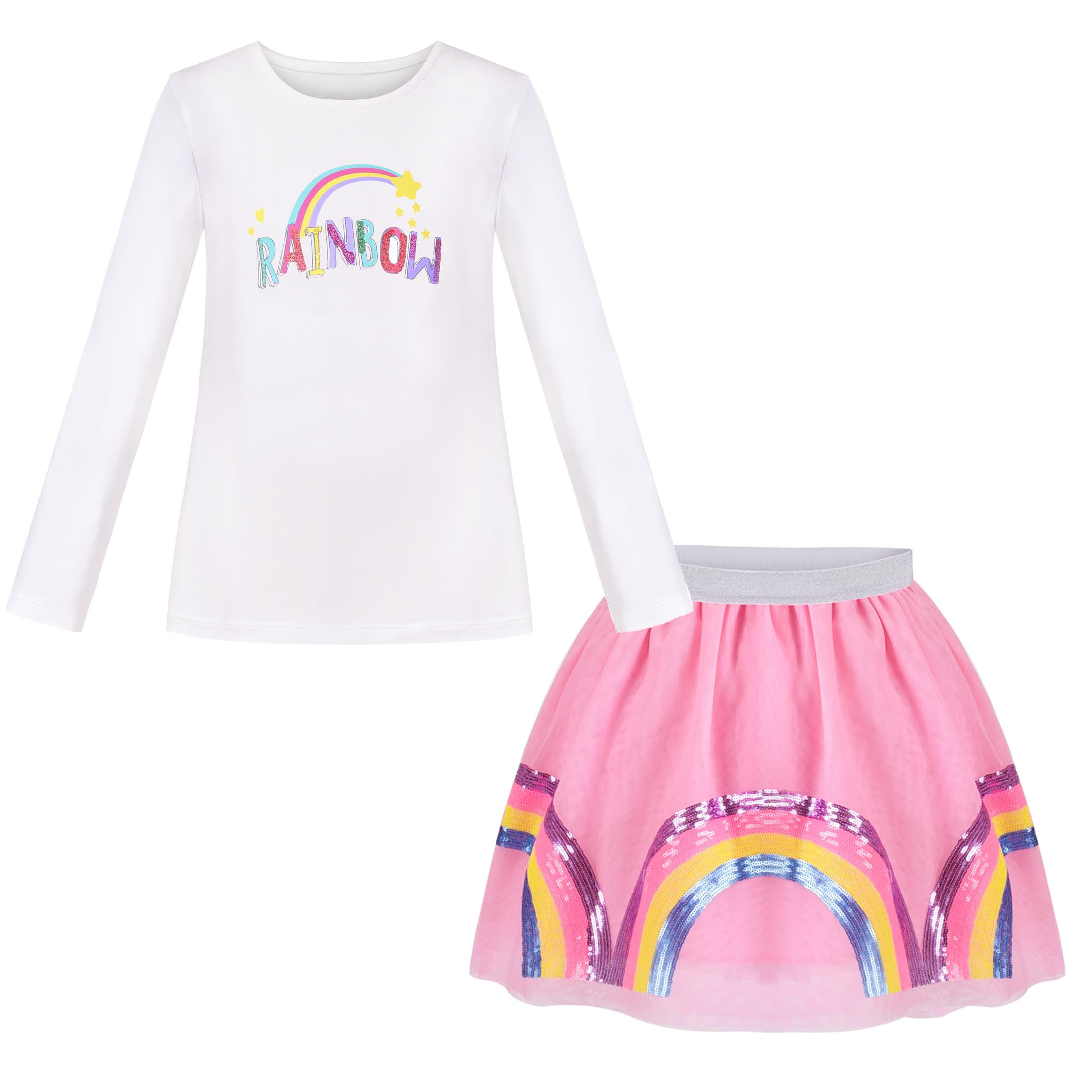 Girls White Long Sleeve Tshirt Rainbow Sequin Sparkling Tutu Skirt 2PCS Sets
