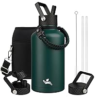 Half Gallon Insulated Water Bottle with Straw,64oz 3 Lids Water Jug with Carrying Bag,Paracord Handle,Double Wall Vacuum Stainless Steel Metal Flask,Dark Green