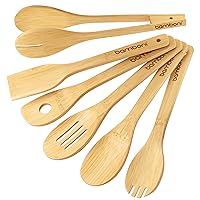 Bamboo Utensils Set- 6 Organic Uncoated Heat Resistant Wooden Spoons for Cooking - Reusable Spatulas for Non-Stick Pots Pans- Non-Scratch Cookware Tools (Utensils with Tongs)