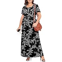 TAOHUADAO Women's Summer Plus Size Dresses Square Neck Ruffle Short Sleeve Casual Maxi Dress with Pockets