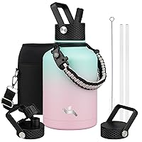 Insulated Water Bottle with Straw,50oz 3 Lids Water Jug with Carrying Bag,Paracord Handle,Double Wall Vacuum Stainless Steel Metal Flask,Gum