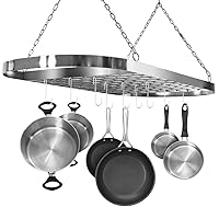 Sorbus® Pot and Pan Rack for Ceiling with Hooks — Decorative Oval Mounted Storage Rack — Multi-Purpose Organizer for Home, Restaurant, Kitchen Cookware, Utensils, Books, Household (Hanging Chrome)