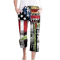 4th of July Capri Pants Womens Summer American Flag Print Casual Pants Drawstring Waist Patriotic Cropped Trousers