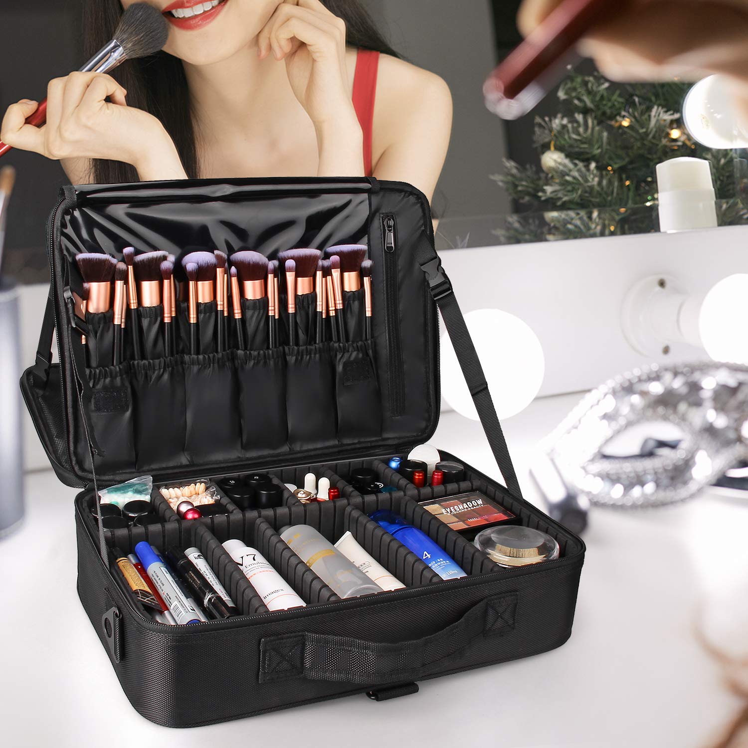 Relavel Makeup Case Large Makeup Bag Professional Train Case 16.5 inches Travel Cosmetic Organizer Brush Holder Waterproof Makeup Artist Storage Box, 3 Layer Large Capacity, with Adjustable Strap