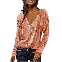 Wirziis Long Sleeve Shirts for Women, Fashion Sexy Deep V Neck Zipper Tunic Tops Ladies Casual Vintage Loose Fit Blouses Tees