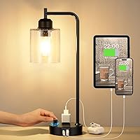 Industrial Bedside Table Lamp for Bedroom - Nightstand Lamps with USB C Charging Port, Fully Dimmable Black Ports and Outlets, Small Desk Glass Shade Office Living Room