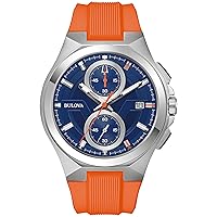 Bulova Marc Anthony Men's Maquina Chronograph Stainless Steel Case with Orange Silicone Strap,Blue Dial, Anti-Reflective Sapphire Crystal (Model:96B407)