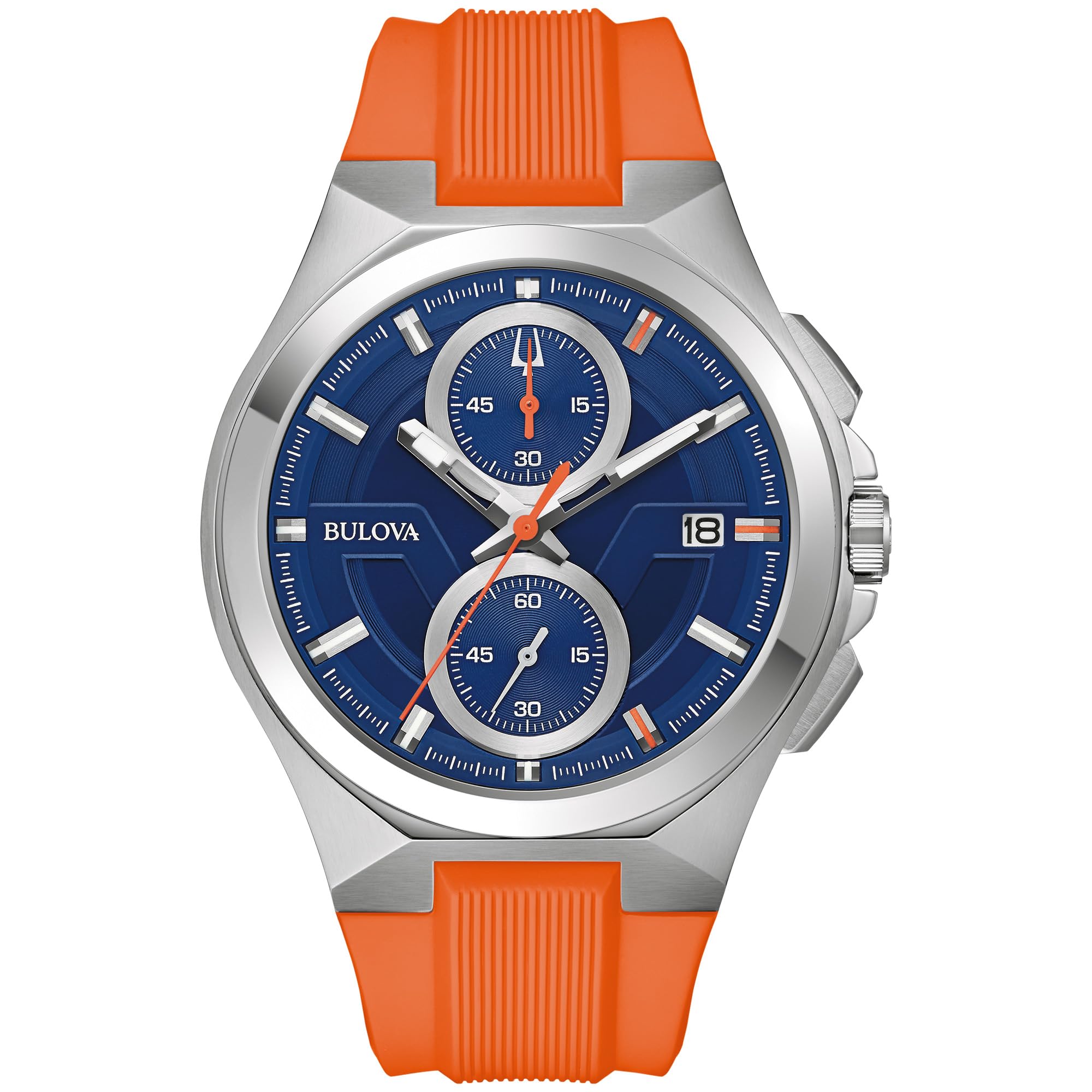Bulova Marc Anthony Men's Maquina Chronograph Stainless Steel Case with Orange Silicone Strap,Blue Dial, Anti-Reflective Sapphire Crystal (Model:96B407)