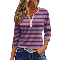 3/4 Sleeve Tshirt Stripe Ripple Prints Herry Neck Button Summer Tops for Women V Neck Trendy Plus Size