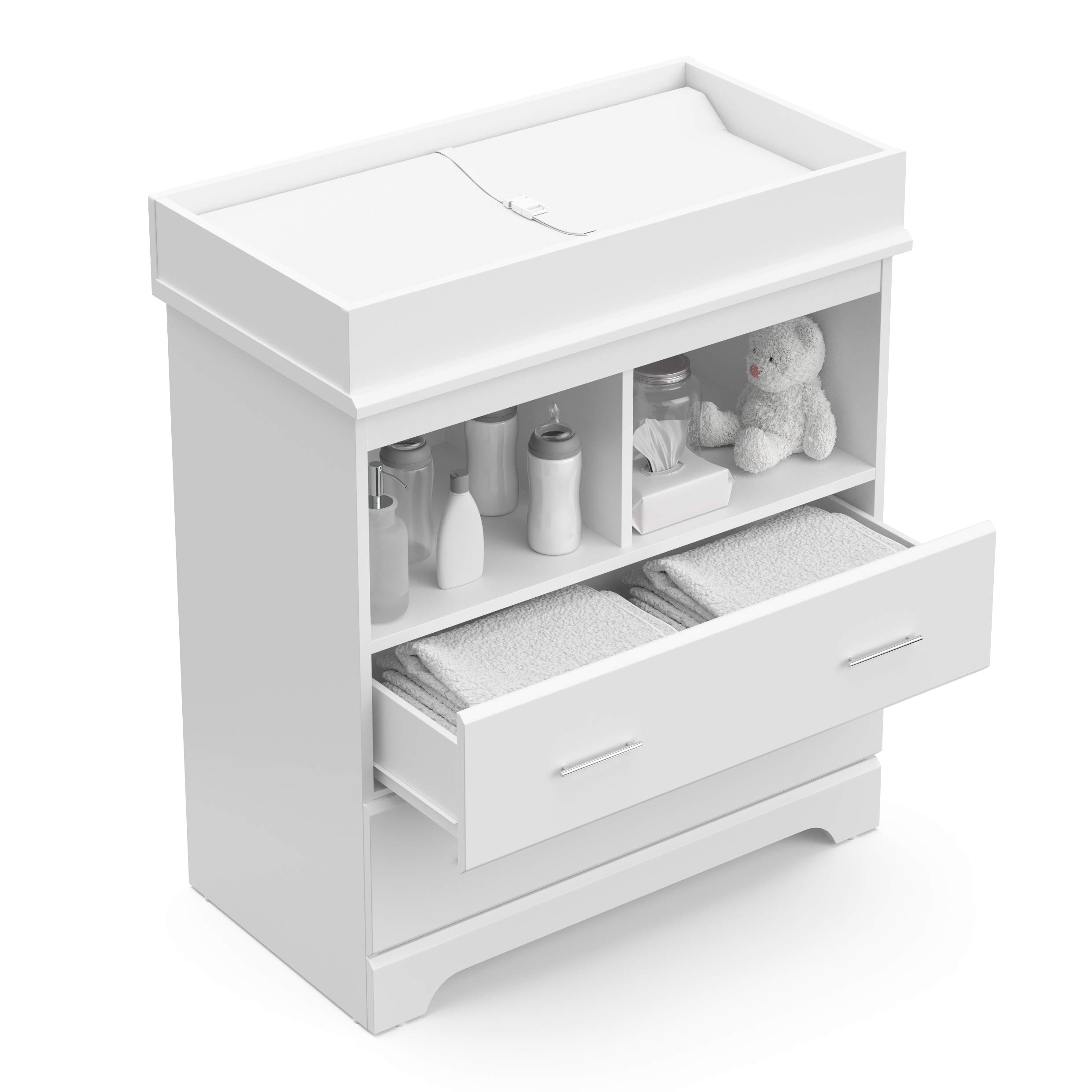 Storkcraft Brookside 2 Drawer Changing Table Dresser (White) – Nursery Dresser Organizer with Changing Table Topper, Chest of Drawers for Bedroom with 2 Drawers, Universal Design
