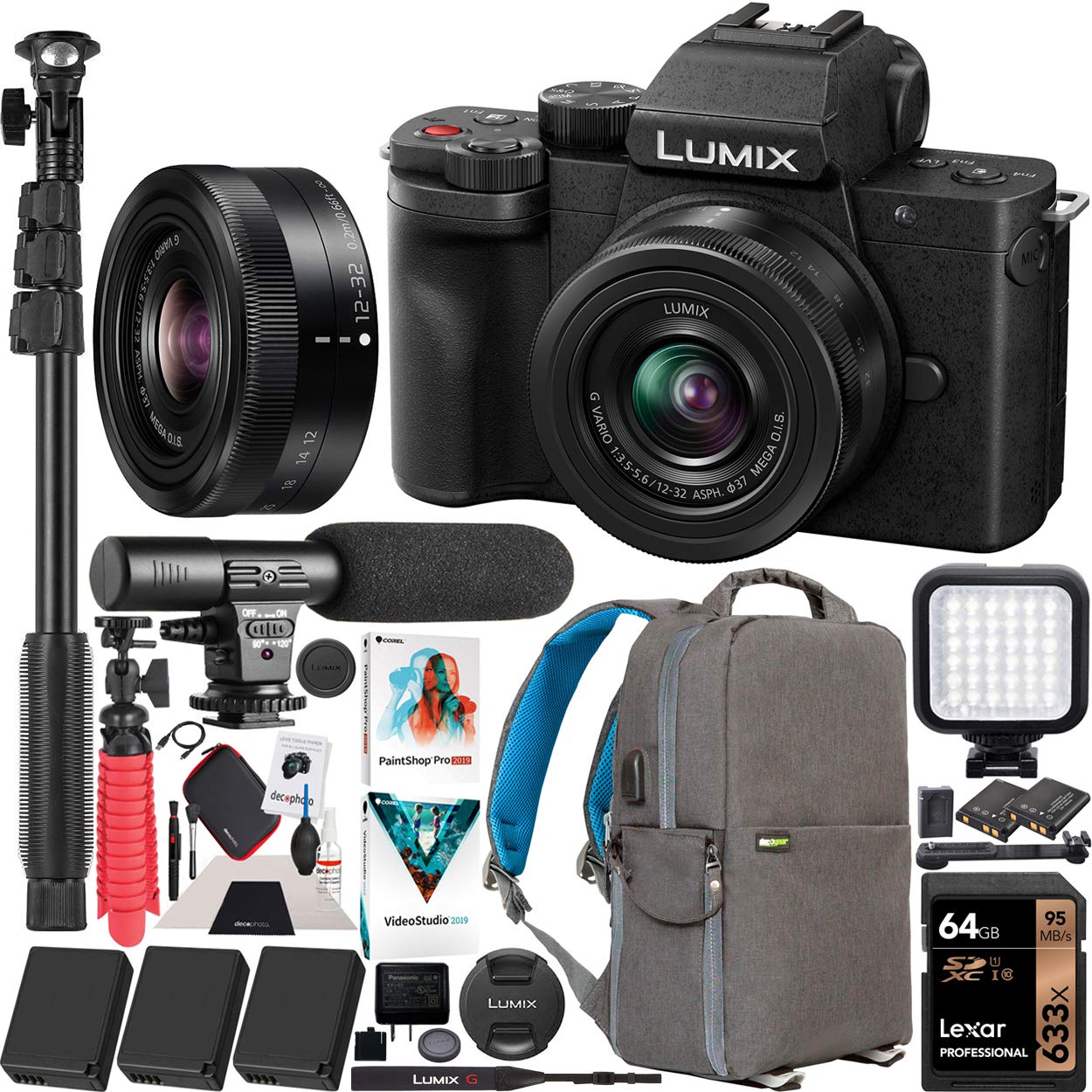 Panasonic DC-G100KK LUMIX G100 Mirrorless 4K Vlogging Camera with 12-32mm F3.5-5.6 Lens 3 Battery Bundle Deco Gear Backpack + Photo Video LED + Microphone + Monopod + 64GB Software Kit & Accessories