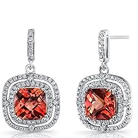 Peora Created Padparadscha Sapphire Earrings in Sterling Silver, Designer Dangle Drops, 6 Carats total, Cushion Cut, 8mm, Double Halo