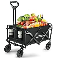 LUXCOL Collapsible Folding Outdoor Utility Wagon,Beach Wagon Cart with All Terrain Wheels & Drink Holders,Portable Sports Wagon for Camping, Shopping, Garden and Beach