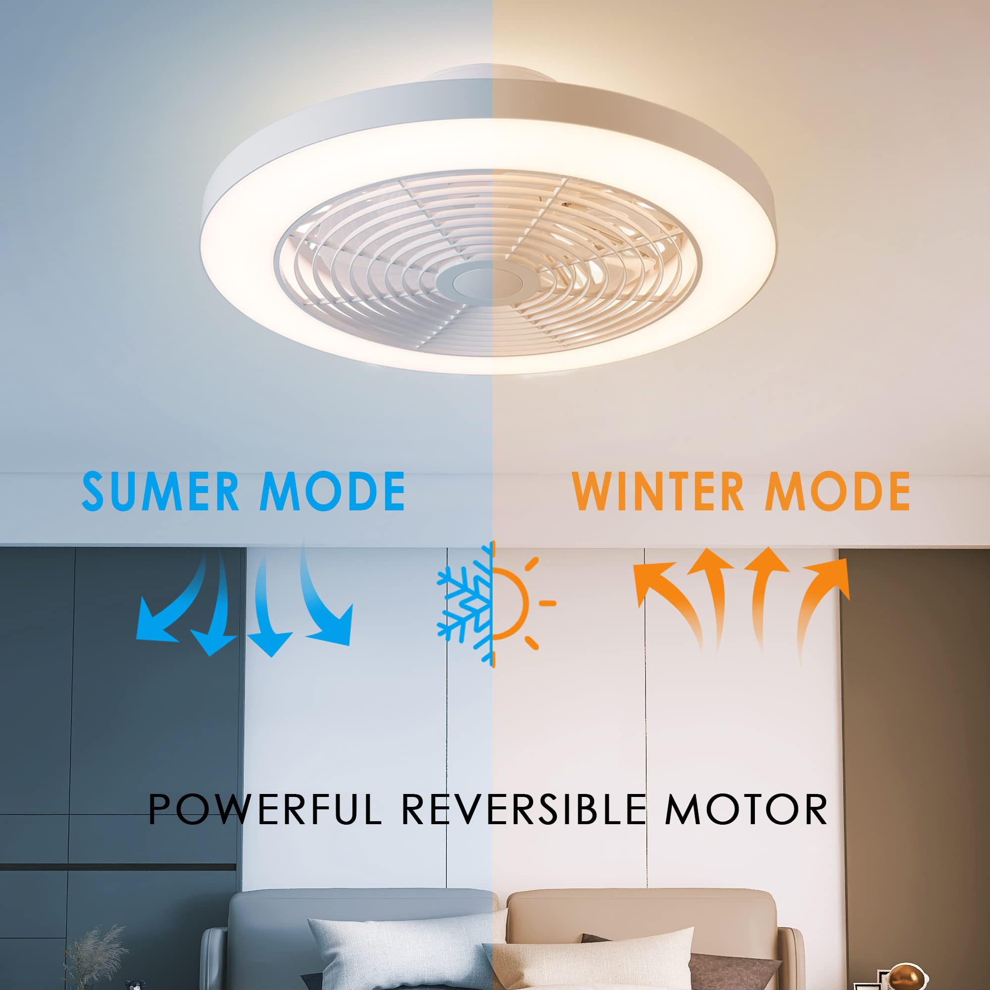 Orison Low Profile Ceiling Fan with Lights- 19.7 in Smart Bladeless Ceiling Fans with Alexa/Google Assistant/App Control Color Changing LED-RGB Back Ambient Light for Living Room Bedroom
