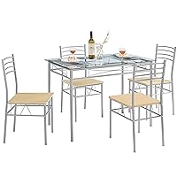 5 Piece Dining Table Set for 4 with Chairs, Glass Top, Small Space, Silvery