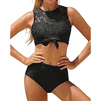 Tempt Me Women Two Piece Lace Bikini Tie Knot Front High Waisted Swimsuit Bathing Suits with Tummy Control Bottoms