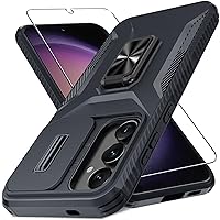 for Samsung Galaxy S24+ Plus Case with Tempered Glass Screen Protector and Camera Lens Cover,Rotated Ring Stable Kickstand,Heavy Duty Shockproof Protective Phone Cover-Black