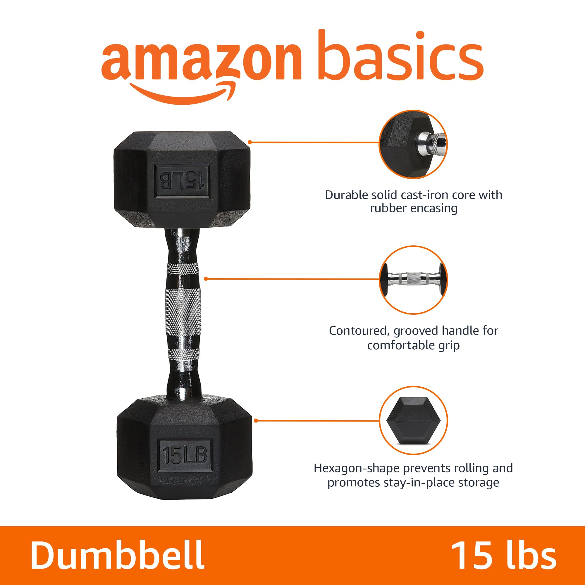 Amazon Basics Rubber Encased Exercise & Fitness Hex Dumbbell, Hand Weight For Strength Training