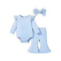 PATPAT Baby Girl's Clothes Spring Outfit Infant Rib Long Sleeve Romper Flared Bell Pants with Headband 3pcs Set 0-18M