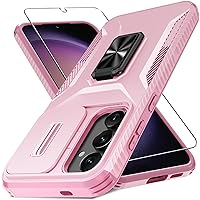 for Samsung Galaxy S24 Case 5G with Tempered Glass Screen Protector and Camera Lens Cover,Rotated Ring Stable Kickstand,Heavy Duty Shockproof Protective Phone Cover-Pink