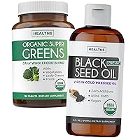 Super Greens & Black Seed Oil (3-Month Supply) Herbal Oil Blend Bundle of Organic Super Greends Powder - Complete Superfood (180 Capsules) & Organic Black Seed Oil Liquid - Cold pressed (8 fl oz)