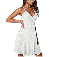 Women's Sexy Sequin Sparkly Gitter Bodycon Dress Spaghetti Straps Wrap V-Neck Ruched Party Club Flowy Mini Dresses