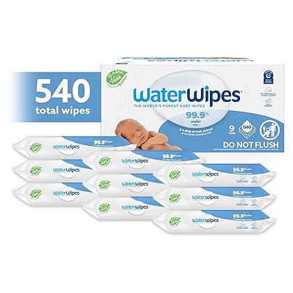 WaterWipes Plastic-Free Original Baby Wipes, 99.9% Water Based Wipes, Unscented & Hypoallergenic for Sensitive Skin, 540 Count (9 packs), Packaging May Vary