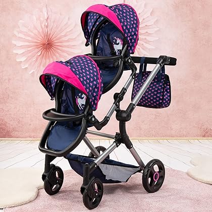 Bayer Twin Doll Pram Neo,Blue With Unicorn and Hearts,18 Inch