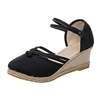 Womens Sandals Breathable Organic Cotton Canvas Low Wedges with Ankle Strap Women's Sandals