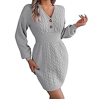 XJYIOEWT Women's Formal Dresses Long Sleeve,Women Long V Neck Button High Elastic Knit Striped Dress Sweater Long Beach