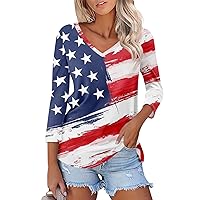 Flag Tee Shirt for Women 4th of July Memorial Day Gift Shirt Casual 3/4 Sleeve American Proud T-Shirt Tops
