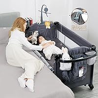 5 in 1 Baby Bassinet Bedside Sleeper, Pack and Play Bassinet with Diaper Changer and Waterproof Sheet, Mattress,Music,Folding Portable Playards from Newborn to Toddler,Grey