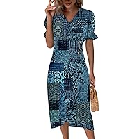 Travel Dresses for Women,Summer Elegant Wrap V Neck Boho Dress Flowy Ruched Hawaiian Maxi Summer Dress