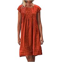 Women Cotton Linen Loose Casual Dress Summer Solid Crewneck Short Sleeve Pleated Tunic Dresses Mini Beach Sun Dress