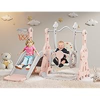 4 in 1 Toddler Slide and Swing Set, Kid Slide for Toddlers Age 1-3, Baby Slide with Basketball Hoop, Indoor Outdoor Slide Toddler Playset Toddler Playground Pink