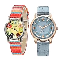 Women's Fabric Leather Vintage Metal Gold Tone Watch,Watches for Women with Multicolour Rainbow Pattern Leather Best Valentine's Day Mother's Day Gift