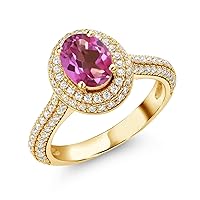 Gem Stone King 18K Yellow Gold Plated Silver Ring Oval Pink Mystic Topaz Moissanite (1.94 Cttw)