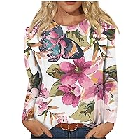 Womens Long Sleeve Tops Dressy Casual Striped Flower Print Shirts Soft Crewneck Plus Size Tops T-Shirt