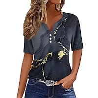 Summer Tops for Women 2024, Short Sleeve Button Down V Neck Blouses Tees Womens Casual Loose Work Tops Print T Shirts
