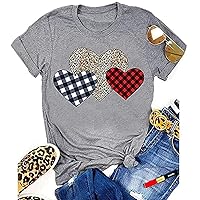 Valentine's Day Shirts Women Funny Buffalo Plaid Leopard Love Heart Printed T-Shirts Short Sleeve Graphic Tee Tops
