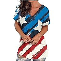 Womens T Shirts Basic V Neck Tee Loose Fitting Casual Short Sleeve Tops Independence Day Star Stripes Patriotic Tee Tops