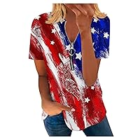Womens Spring Tops, Ladies Short Sleeve Zipper Faux Cotton Independence Day Print Top