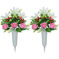 XONOR Artificial Cemetery Flowers for Grave, Set of 2 Artificial Flowers Bouquet Memorial Flowers with Vase for Outdoor Cemetery Headstones Graveyard Gravestone Decoration (White Lily&Pink Rose)